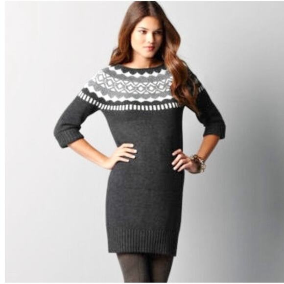 LOFT Grey/White Fair Isle Rabbit Hair Wool 3/4 Sleeve Sweater Dress Size Medium - Picture 12 of 12